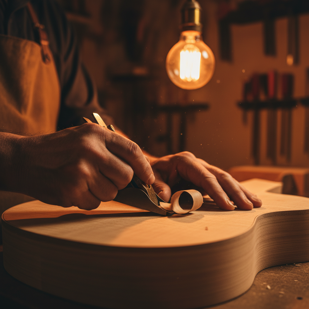 Luthier's hands working on an acoustic guitar in a warm workshop